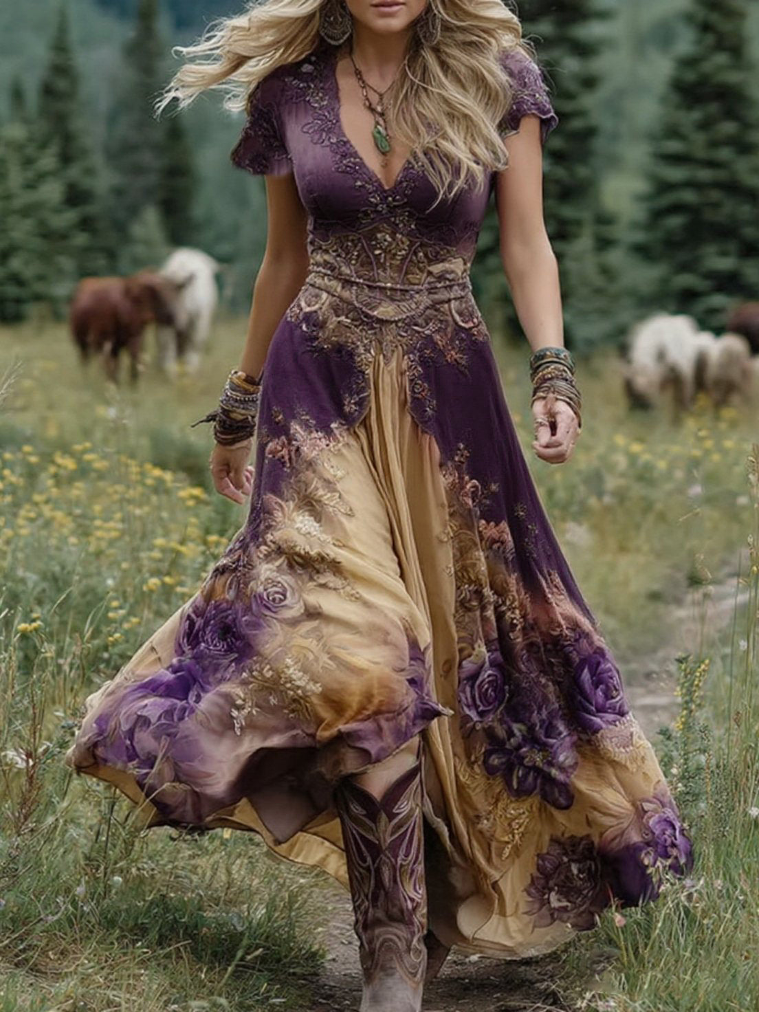 Κομψό, κοντό μάξι φόρεμα σε αποχρώσεις του μωβ και της λεβάντας με φλοράλ print-GR