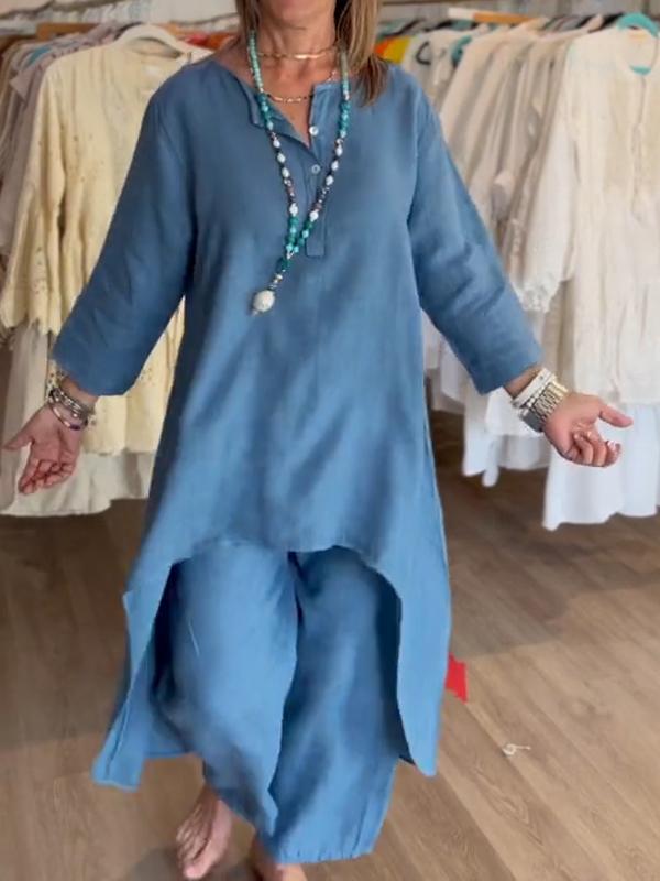 Garnitur damski lniany w kolorze monochromatycznym