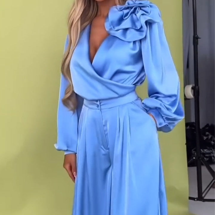 Luksusowy zestaw z satynową koszulą i szerokimi spodniami