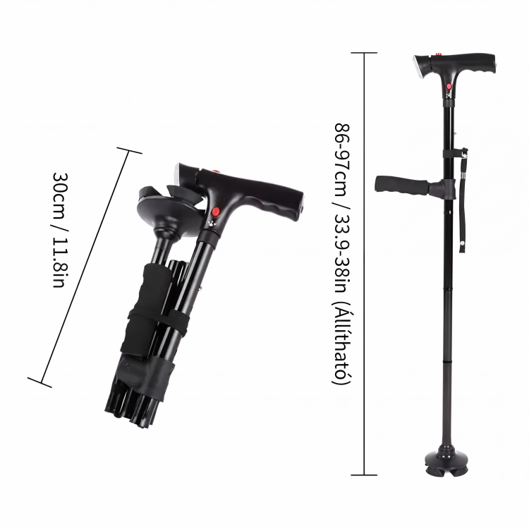 👨🦳 Idősek összecsukható mankója | LED‑es világítással ellátott bot, könnyen hordozható és stabil