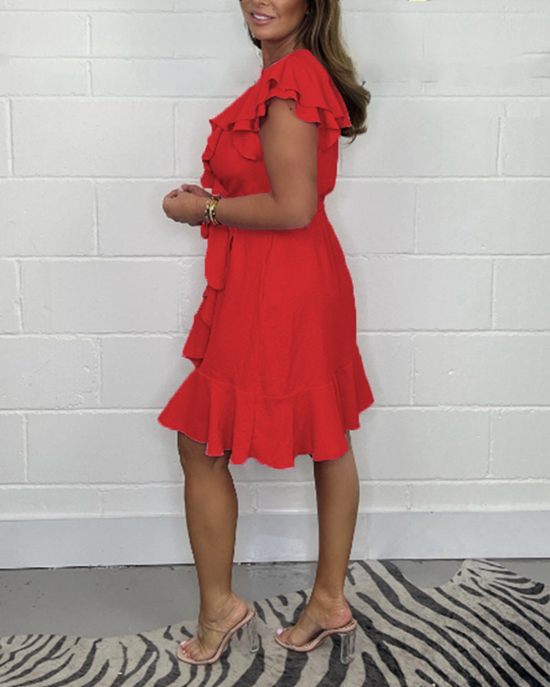 2025 Lato Nowa Sukienka z Dekoltem w Serek Sukienka w Jednolitym Kolorze Falbana