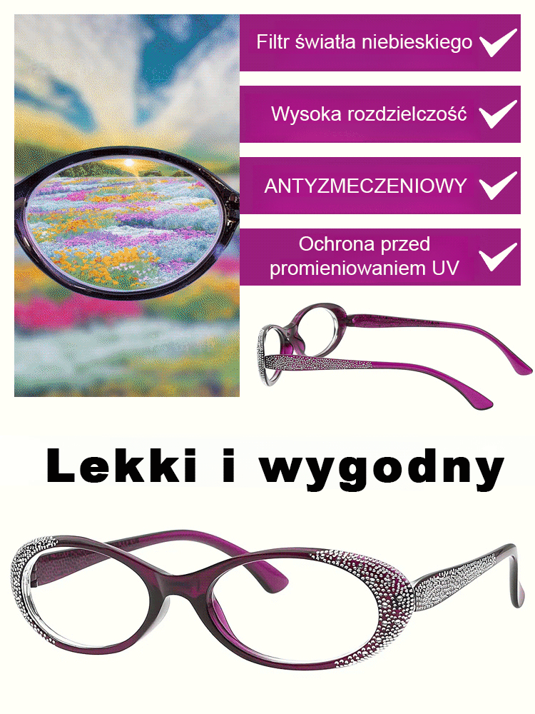 【Dla Pań】Modne okulary do czytania z ochroną przed światłem niebieskim i ozdobami z cyrkonii.