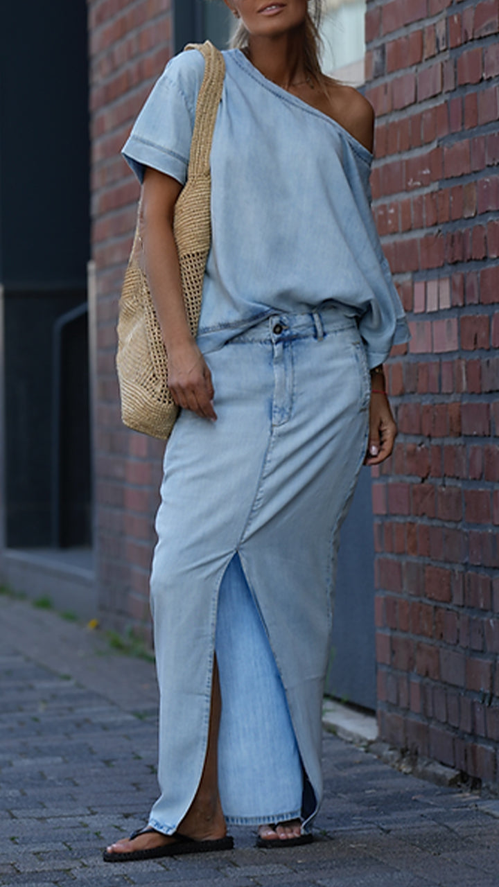 Damski garnitur casualowy z okrągłym dekoltem i denimu Tencel