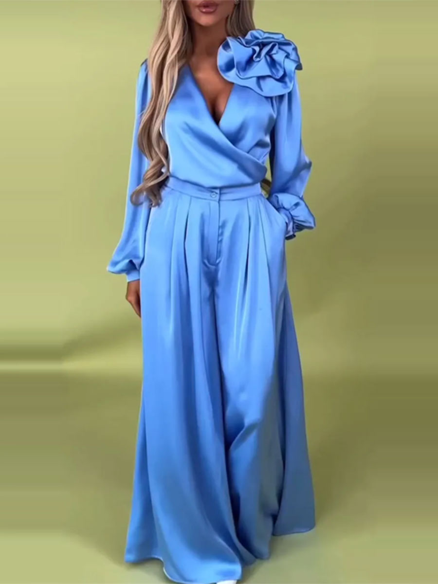 Luksusowy zestaw z satynową koszulą i szerokimi spodniami