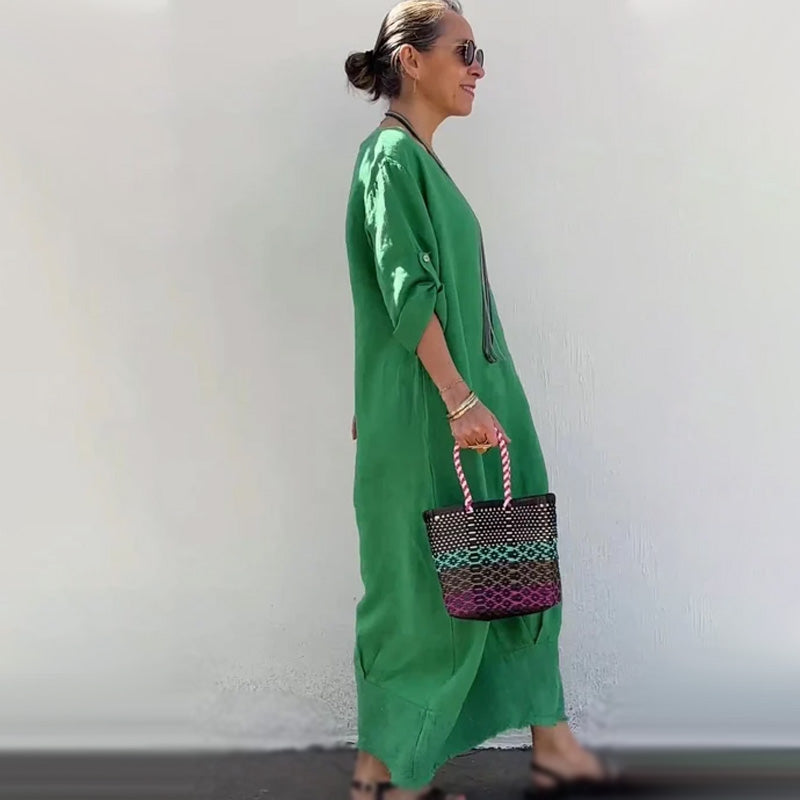 💕Długa sukienka z bawełny i lnu, patchworkowa