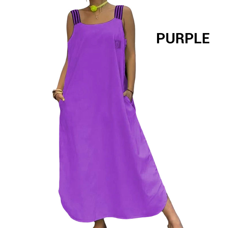 Szeroka sukienka maxi na ramiączkach z kieszeniami