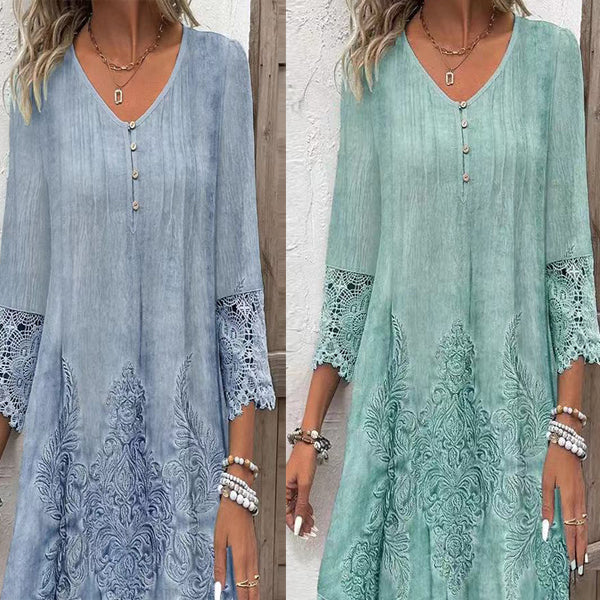 Elegancka damska sukienka koronkowa z półrękawkami i spiczastym dekoltem