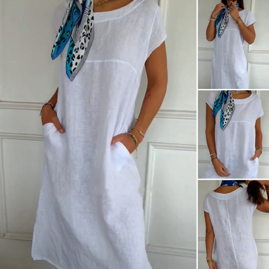 Nowość 2025! 🔥Lniana sukienka damska z okrągłym dekoltem i krótkim rękawem