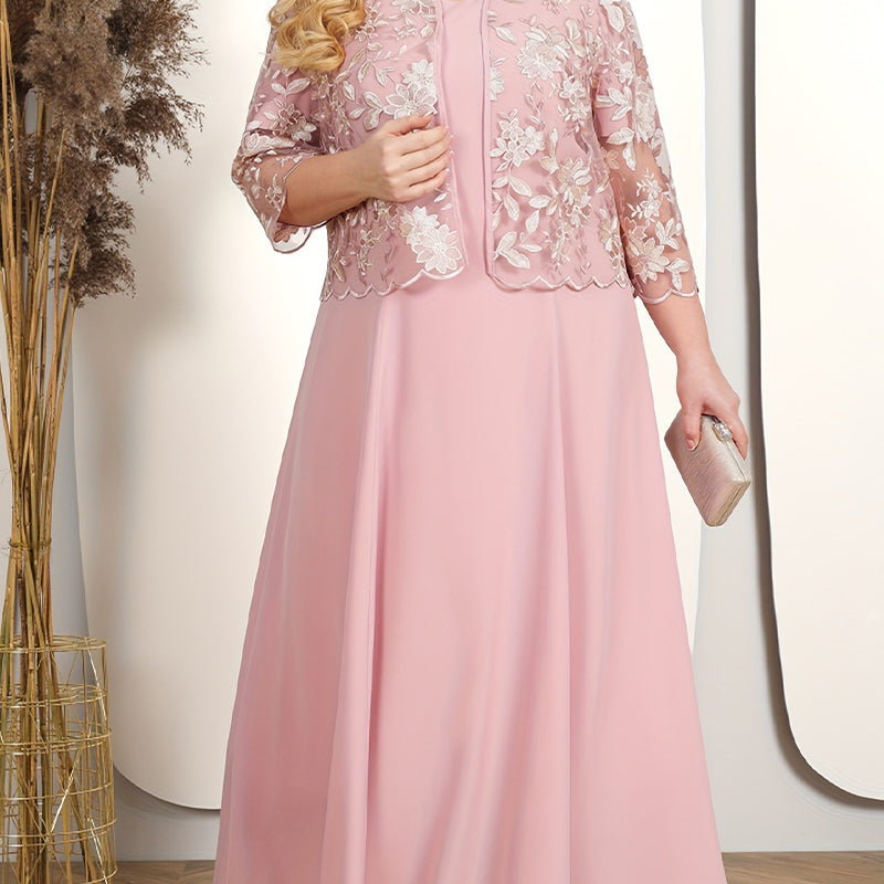 ✨Damska sukienka w jednolitym kolorze z koronkowym haftowanym żakietem