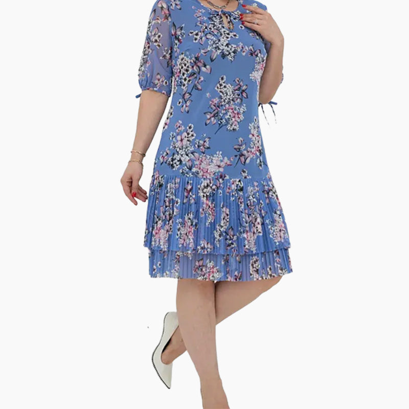 Elegancka damska sukienka plisowana z krótkim rękawem i długą spódnicą