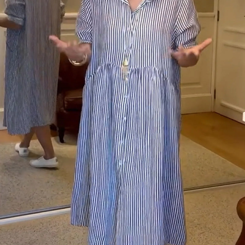 🔥👗 Sukienka koszulowa w paski z klapami i guzikami | Z funkcjonalnymi kieszeniami