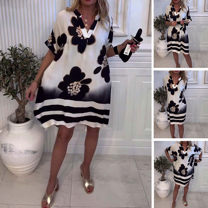 🌸😘Damska luźna sukienka z nadrukiem i głębokim dekoltem w serek🔥