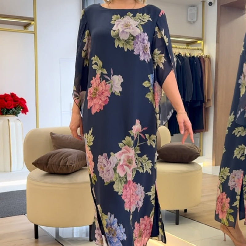 Elegancka długa sukienka damska z nadrukiem na szyi