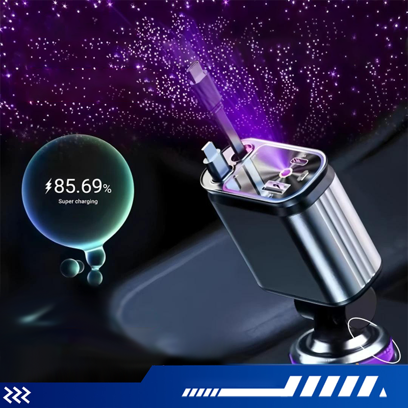 📱 Daugiafunkcis automobilinis įkroviklis su greitu įkrovimu ir ištraukiamu laidu | Suderinamas su visais išmaniaisiais telefonais--LT