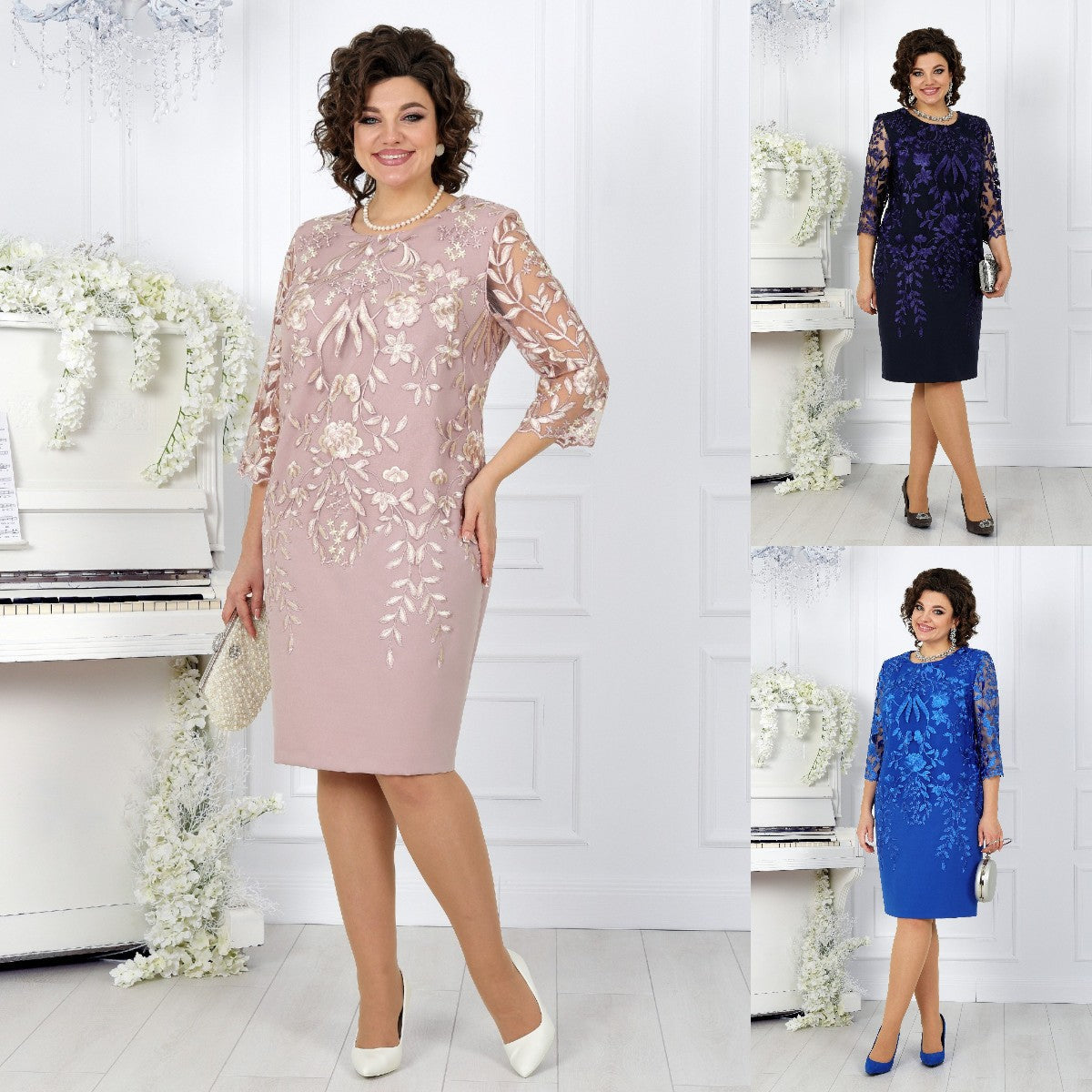 Sukienka oversize z koronkowymi patchworkami i nadrukiem