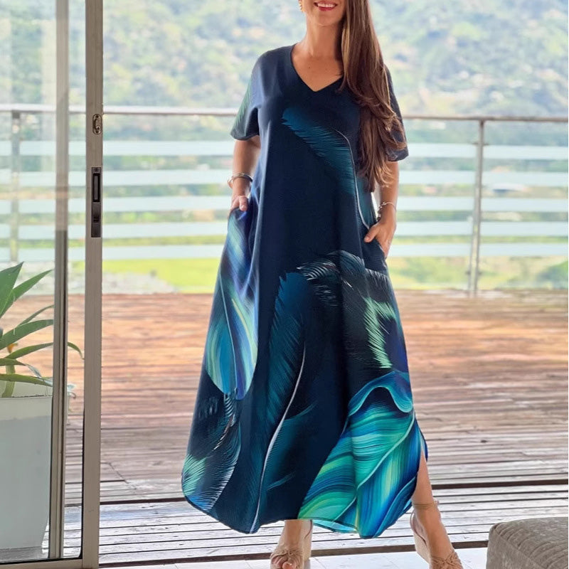 Damska luźna, swobodna sukienka z dekoltem w serek, nadrukiem i krótkimi rękawami