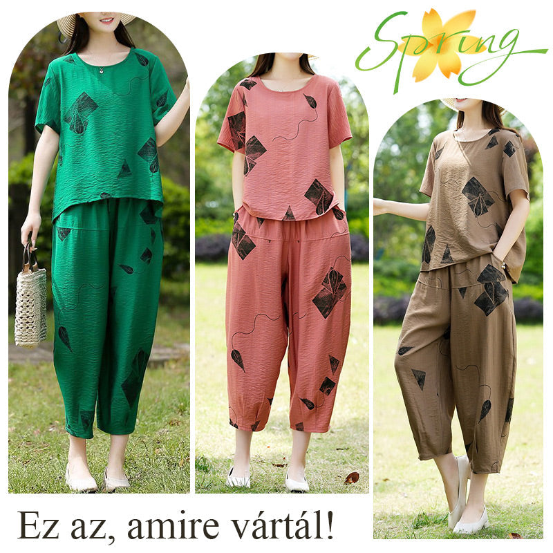 💞 Damski wzorzysty zestaw składający się z krótkiego topu z krótkim rękawem i szerokich spodni o skróconej nogawce