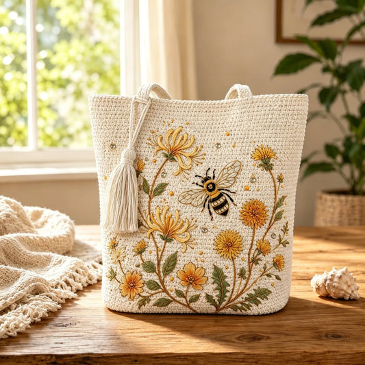 🔥Utolsó nap 49% KEDVEZMÉNY - 🐝 Kézzel készített horgolt, méhecskés, hímzett táska (✨2026 limitált kiadás)