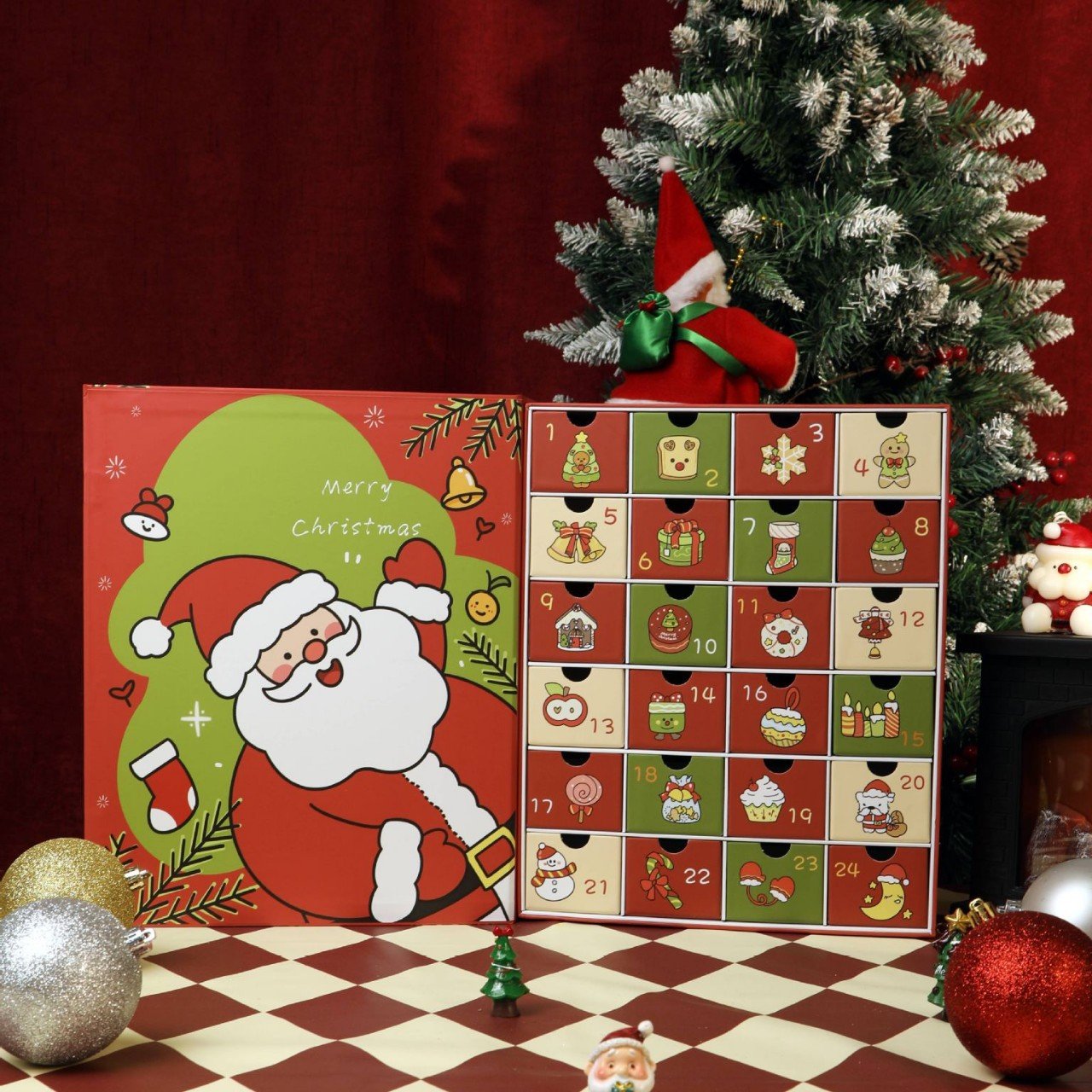 Różowy marmurowy kalendarz adwentowy 2025, 24-dniowe pudełko z odliczaniem do świąt Bożego Narodzenia