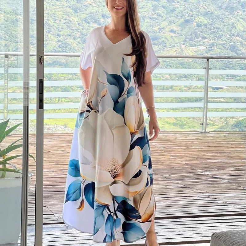 Damska luźna, swobodna sukienka z dekoltem w serek, nadrukiem i krótkimi rękawami