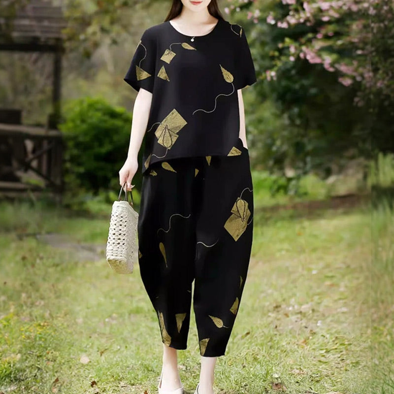 💞 Damski wzorzysty zestaw składający się z krótkiego topu z krótkim rękawem i szerokich spodni o skróconej nogawce