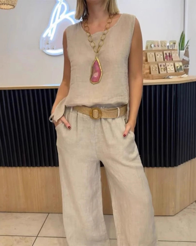 Komplet spodni bez rękawów z bawełny i lnu w jednolitym kolorze