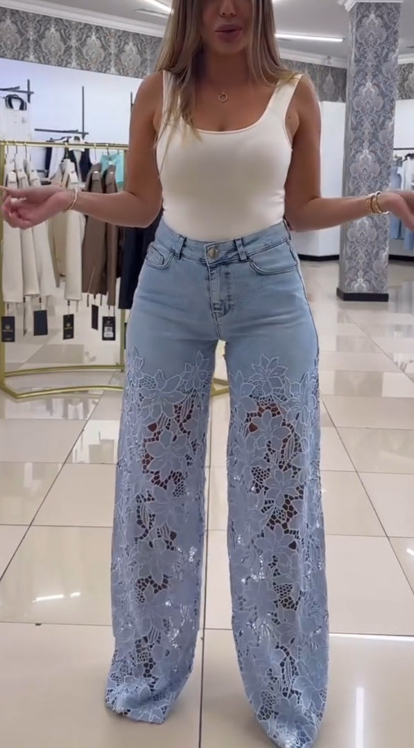 Damskie eleganckie koronkowe jeansy