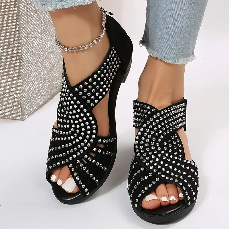 【36-43】🔥2025 Hot Sale💎 Κρυστάλλινα γυναικεία δερμάτινα σανδάλια για την άνοιξη και το καλοκαίρι με σταυρό σε στιβαρό τακούνι-GR