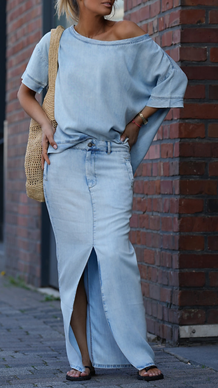 Damski garnitur casualowy z okrągłym dekoltem i denimu Tencel