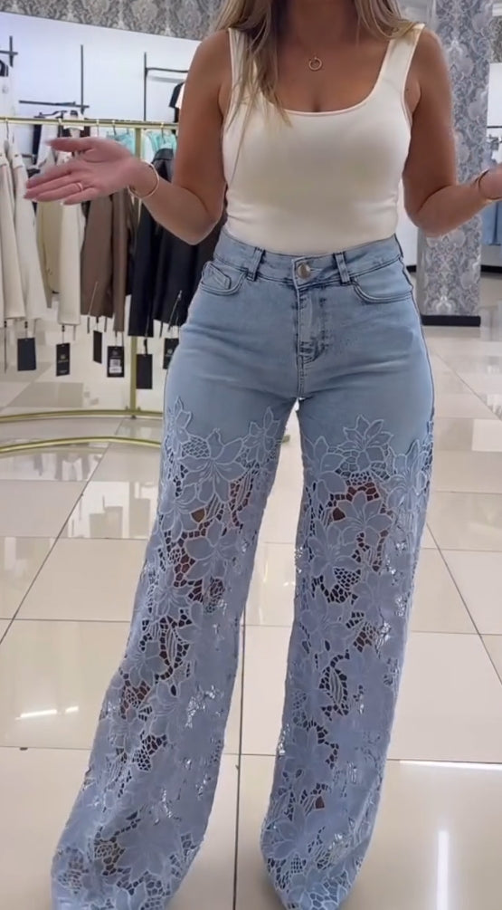 Damskie eleganckie koronkowe jeansy