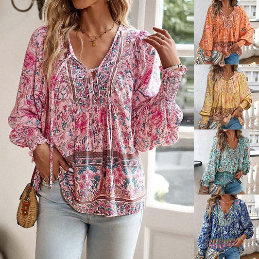 【S-2XL】🌺Damska modna koszula z długim rękawem i nadrukiem w serek