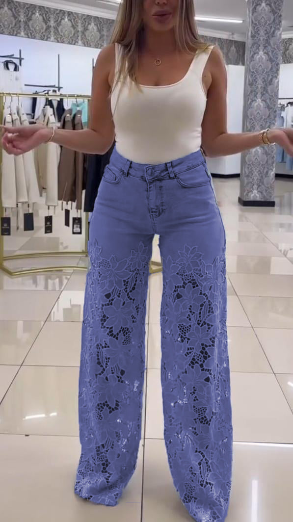 Damskie eleganckie koronkowe jeansy