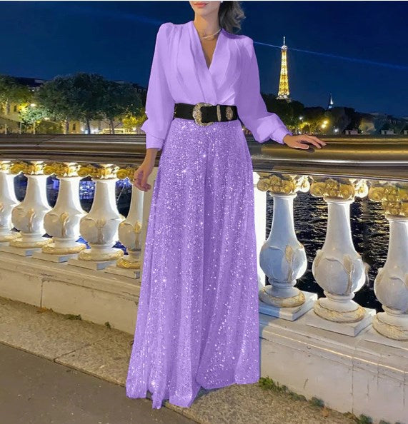 ✨Elegantiška palaidinė ilgomis rankovėmis V formos iškirpte ir plačiomis kelnėmis su blizgučiais.-LT
