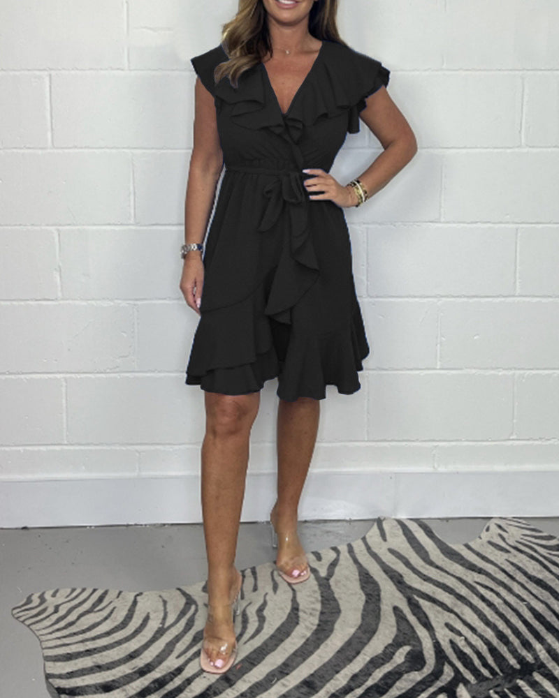 2025 Lato Nowa Sukienka z Dekoltem w Serek Sukienka w Jednolitym Kolorze Falbana