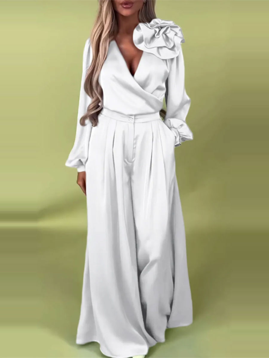 Luksusowy zestaw z satynową koszulą i szerokimi spodniami