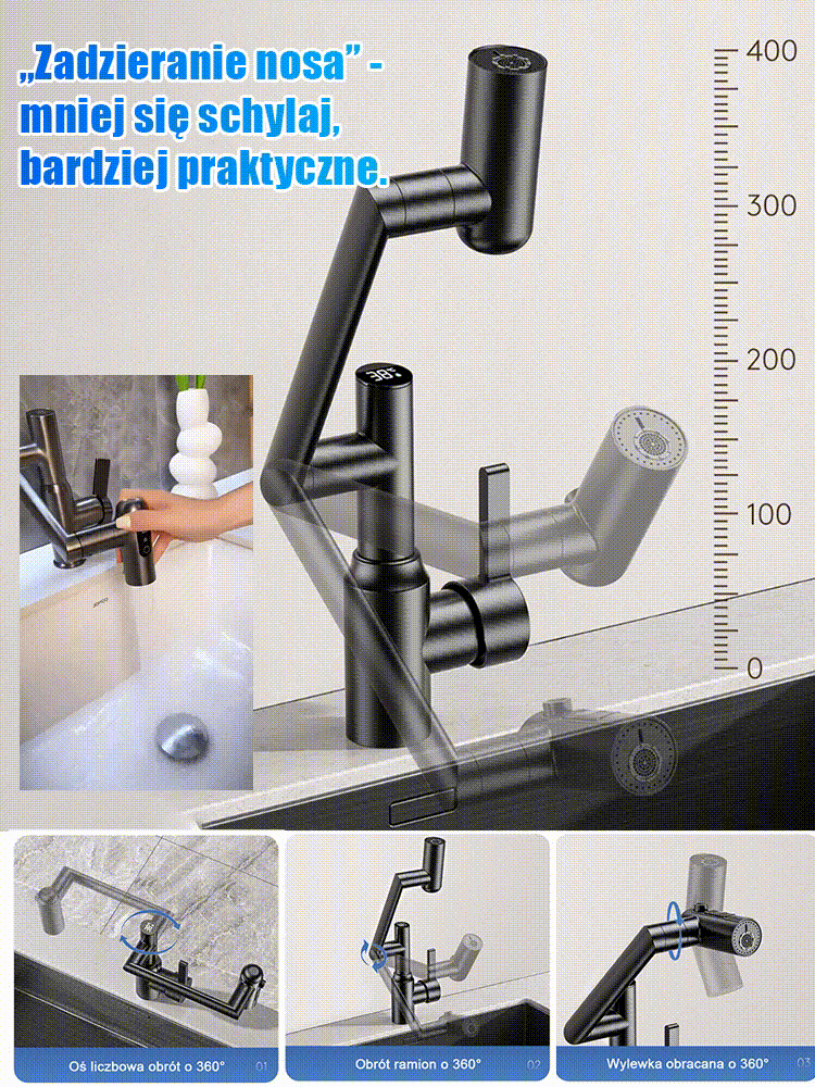 Nowo zmodernizowana obrotowa bateria ze stali nierdzewnej z ramieniem mechanicznym.