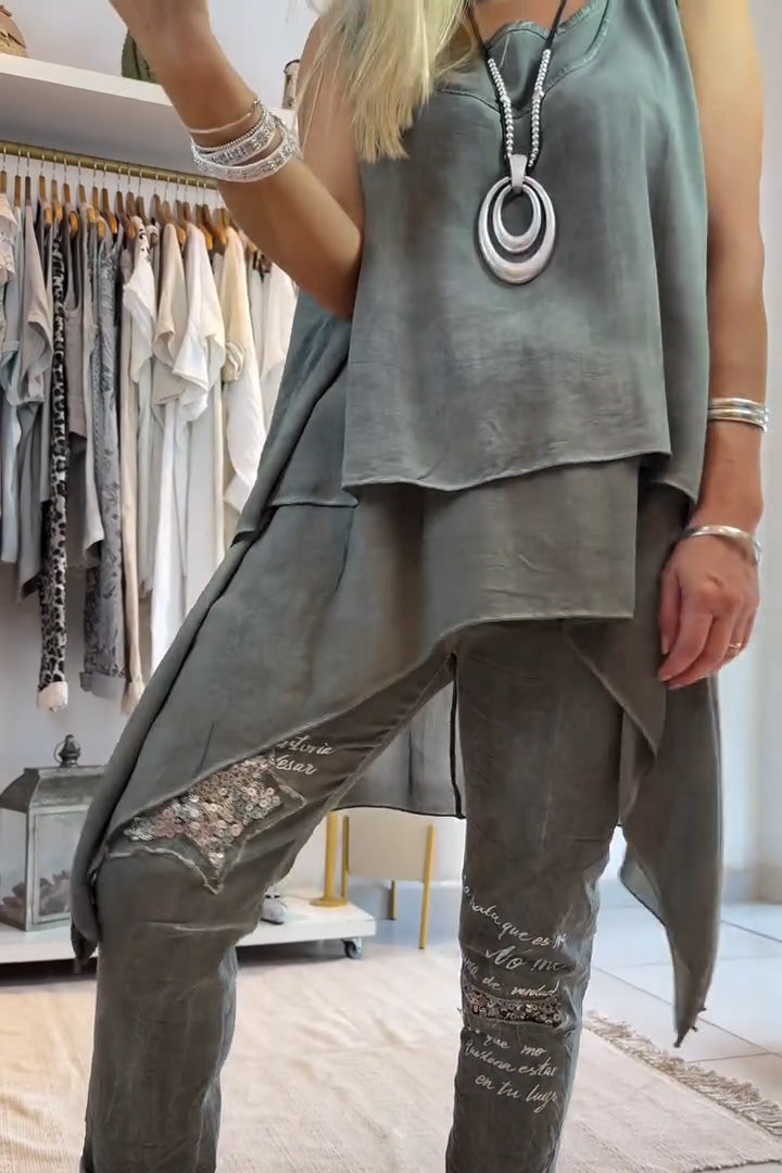 Damskie nieregularne, jednokolorowe, okrągłe, bezrękawnikowe, drukowane spodnie z podwójnym dołem