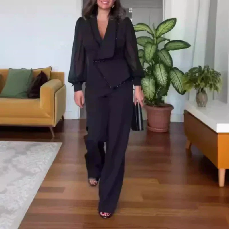 Conjunto de pantalón y pantalón de malla de pierna ancha para mujer-ES