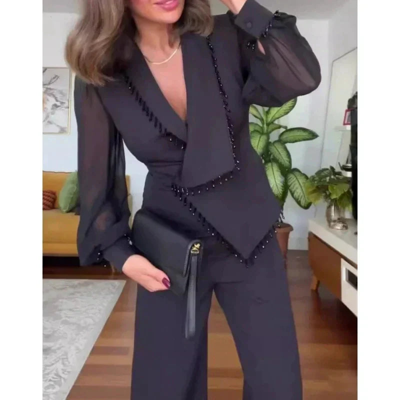 Conjunto de pantalón y pantalón de malla de pierna ancha para mujer-ES