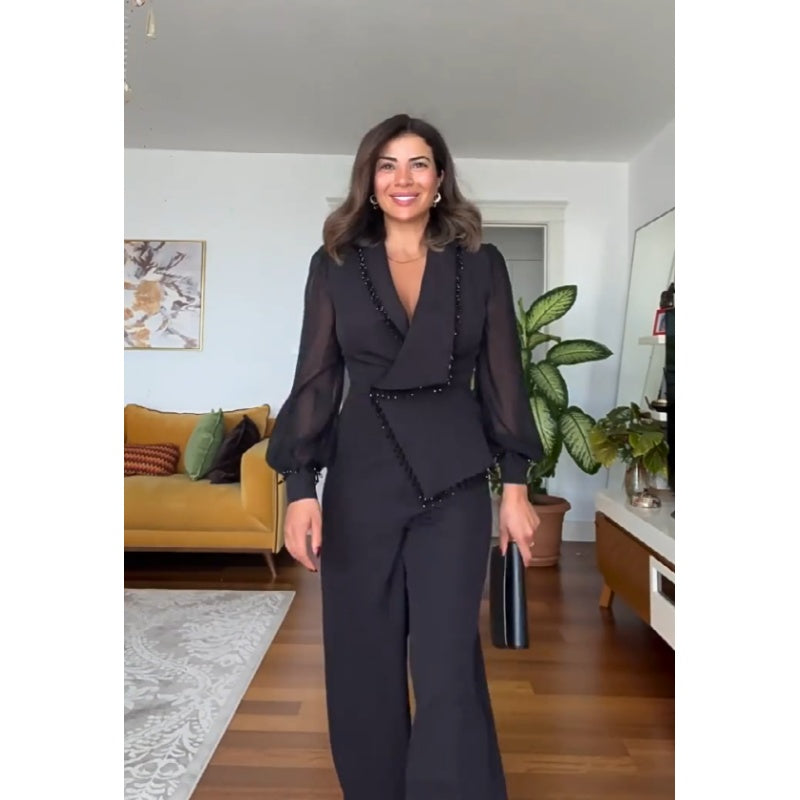 Conjunto de pantalón y pantalón de malla de pierna ancha para mujer-ES