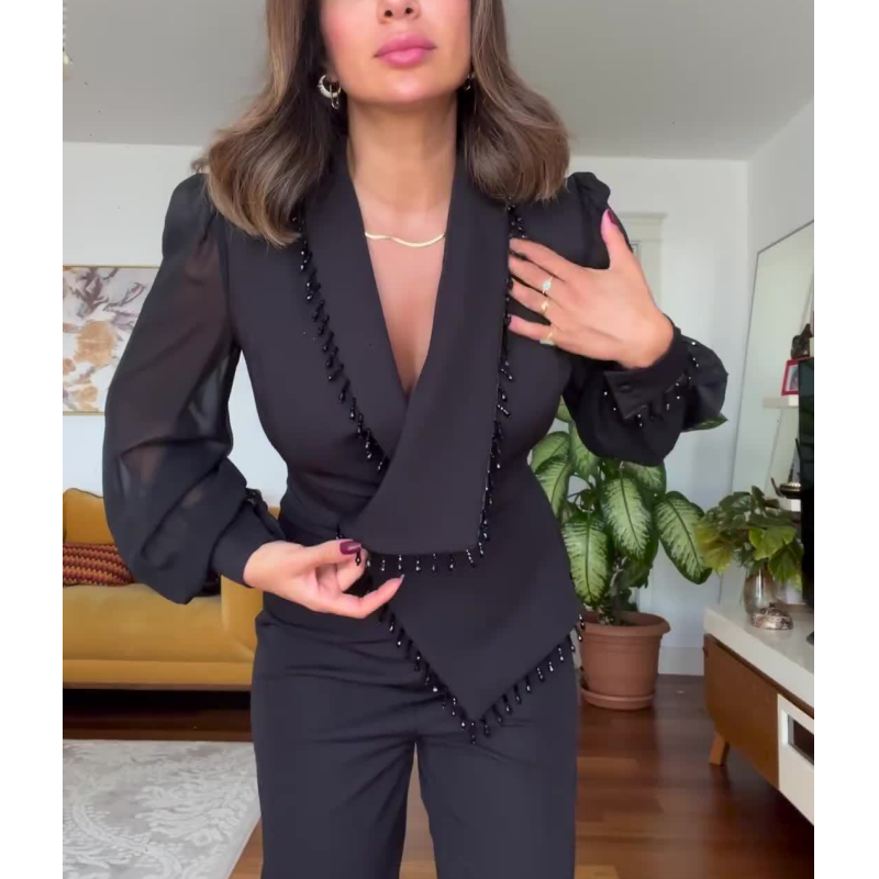 Conjunto de pantalón y pantalón de malla de pierna ancha para mujer-ES