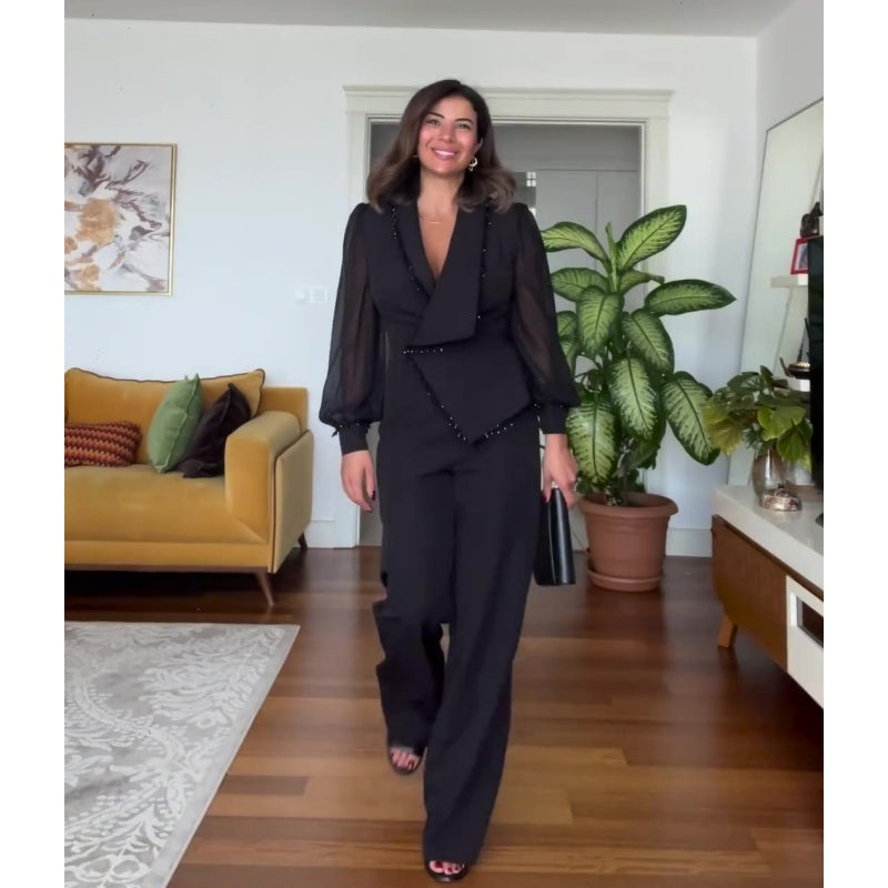Conjunto de pantalón y pantalón de malla de pierna ancha para mujer-ES