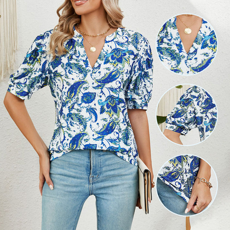 【M-2XL】🌸Damski letni top z nadrukiem i dekoltem w serek