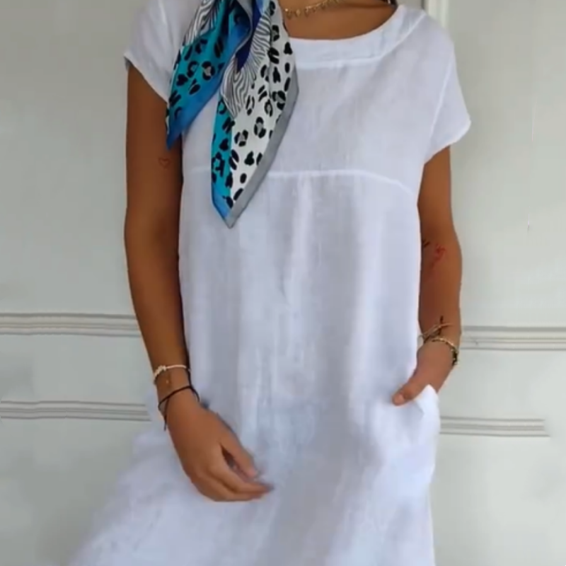 Nowość 2025! 🔥Lniana sukienka damska z okrągłym dekoltem i krótkim rękawem