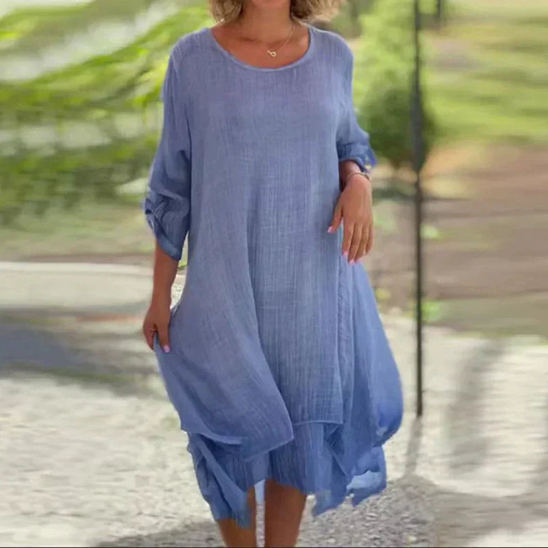 💒Elegancka, jednokolorowa, luźna sukienka damska z okrągłym dekoltem