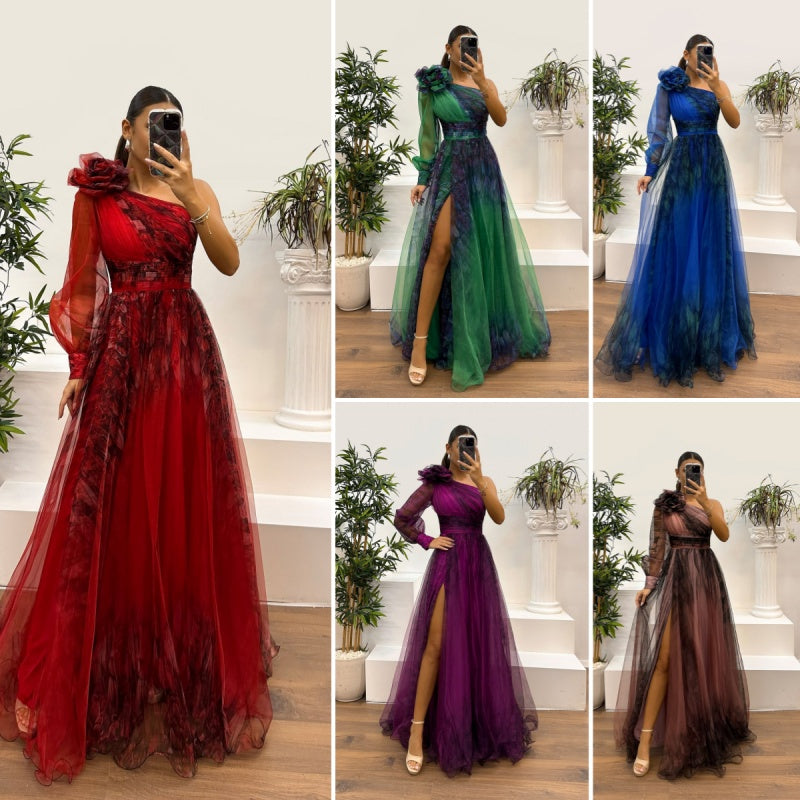 Damskie sukienki z nadrukiem na skośnych ramionach