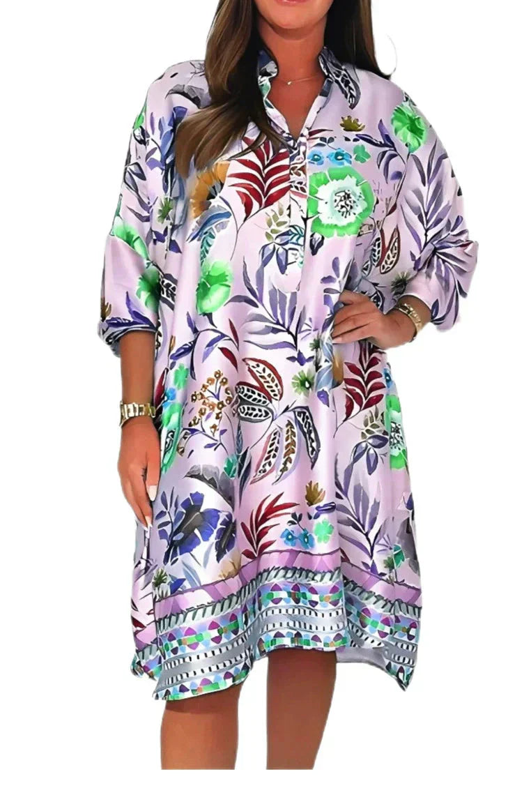 🌺Luźna sukienka w kwiaty z dekoltem w serek zapinanym na guziki