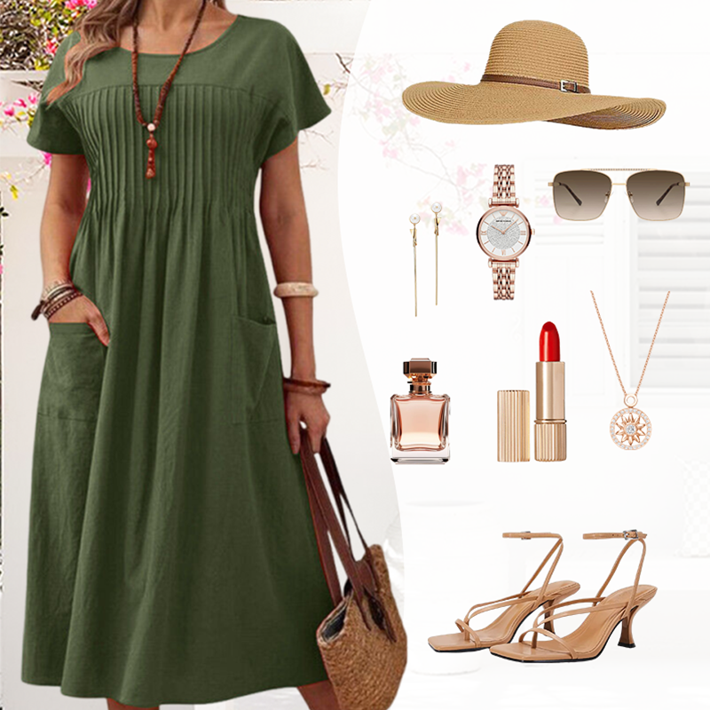 Sukienka plisowana damska z krótkimi rękawami i kieszeniami