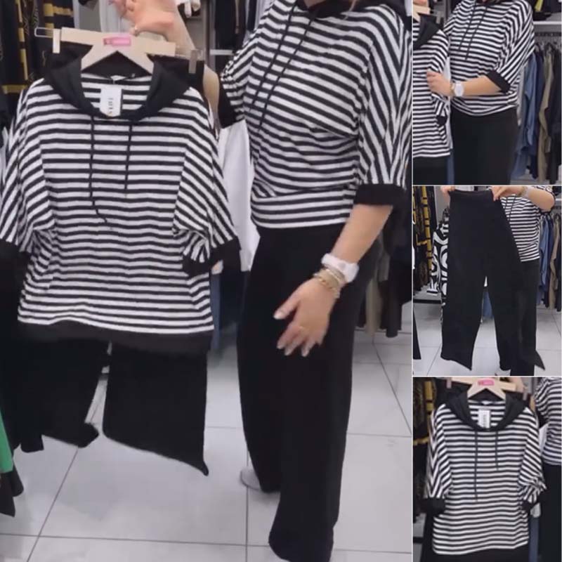 ✨Komplet damski: top w paski i spodnie w jednolitym kolorze