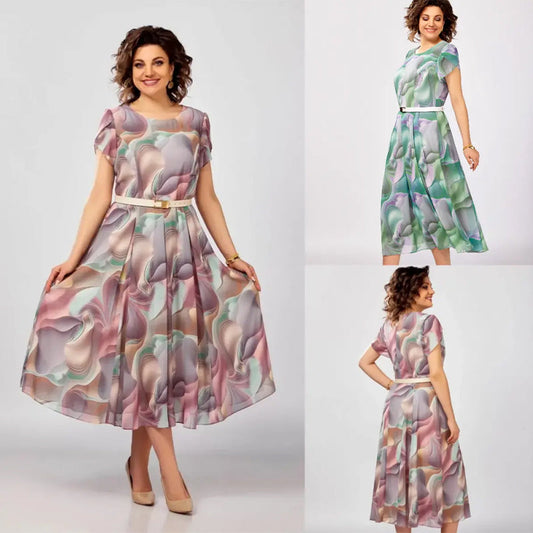 💞Sukienka z abstrakcyjnymi kwiatami i fantazją (z paskiem)